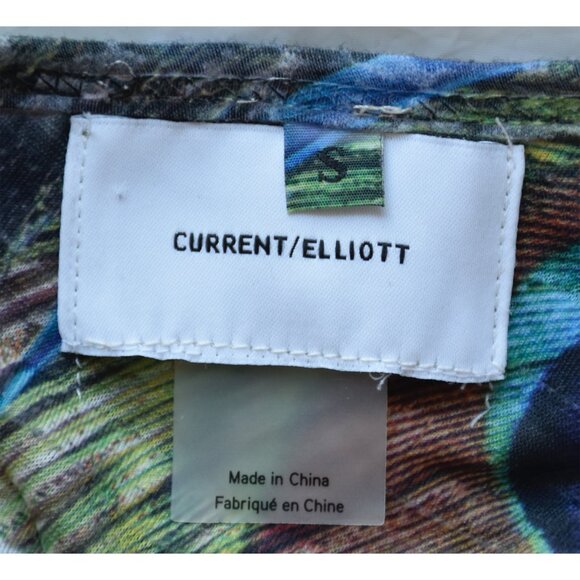 CURRENT/ELLIOTT RUFFLED BOAT NECK 3/4 SLEEVE PEACOCK PRINT MULTI BLOUSE. SIZE S - Picture 7 of 8